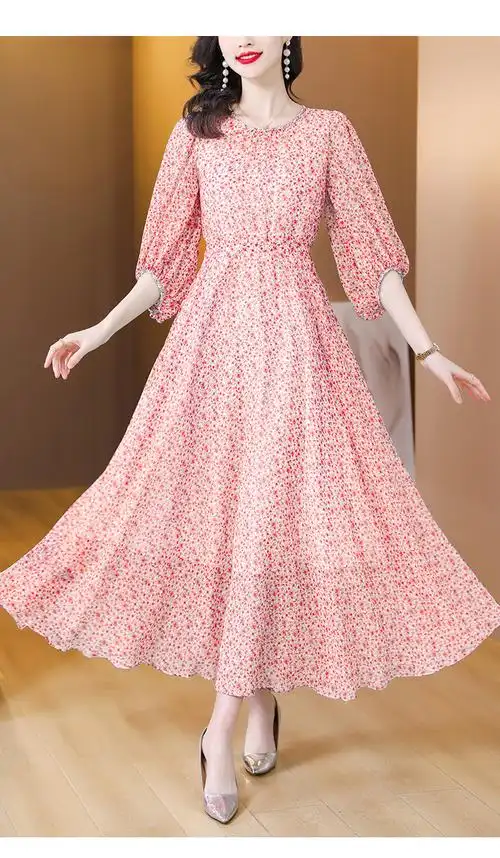 2024新款春夏樱花粉色花色桑蚕丝飘逸大摆长裙真丝连衣裙钉钻气