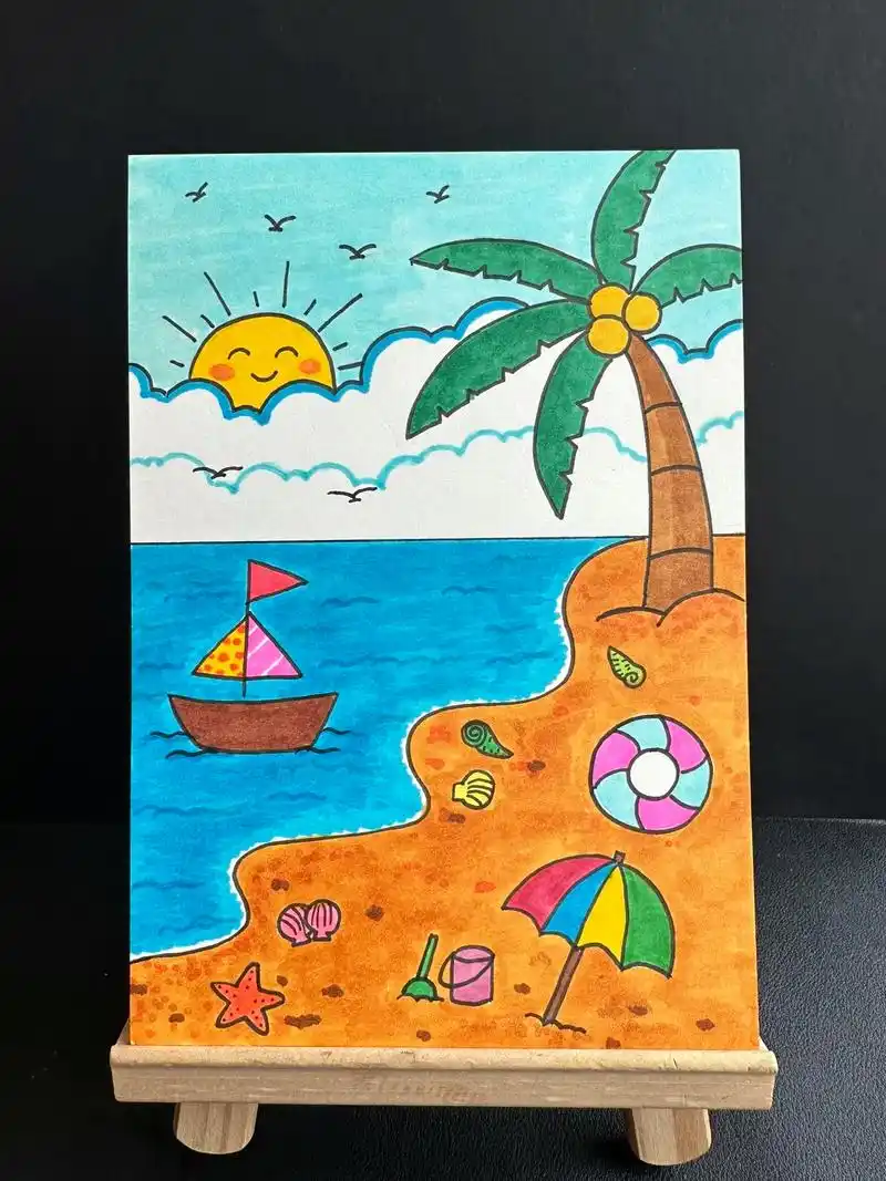 《夏日海滩》风景 简笔画,超级简单.暑假就快到来了～这么热的 - 抖音