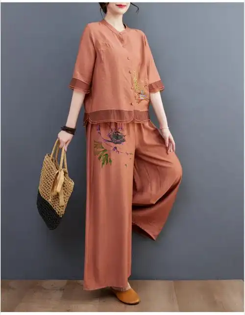 实拍现货高支纯苎麻上衣民族风夏季棉麻开衫中式亚麻两件套套装女