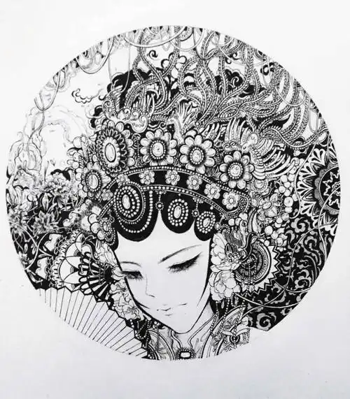 黑白插画: 国粹一景~ @_吴畏