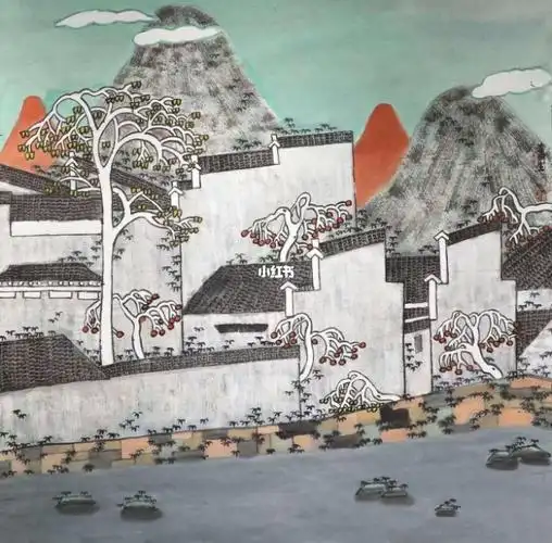 独具特色的徽派民居国画 马头墙,小青瓦,依山傍水,虽然表现的是小户