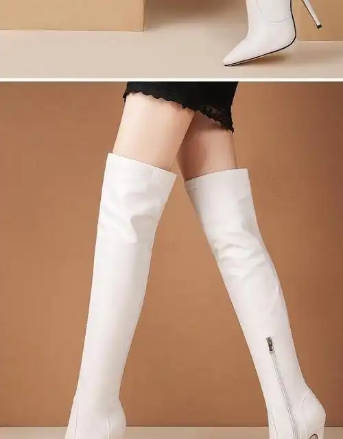 长靴宽胖脚女王漆皮靴钢管舞表演靴反串2厘米细高跟性感超 白色加毛