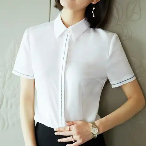 2018夏季新款白衬衫女拼接ol装职业装刺绣上衣面试工作服短袖衬衣白色