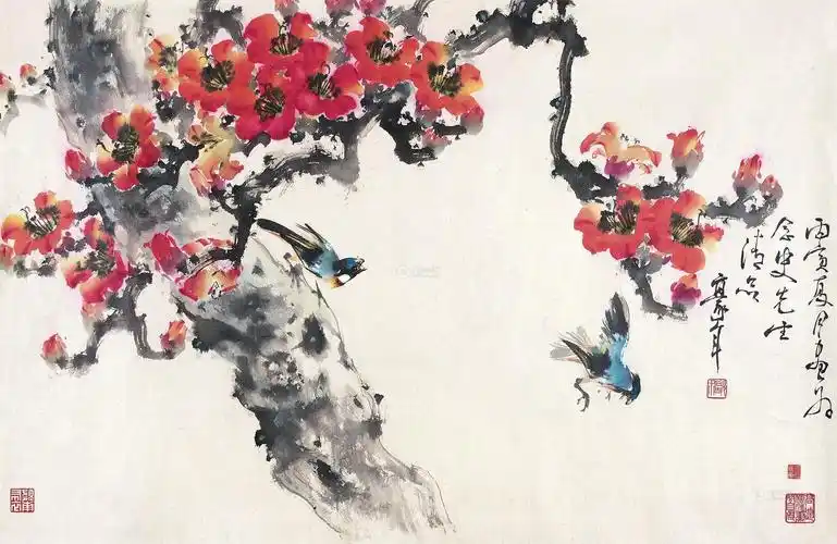 1001丙寅1986年作木棉双禽镜心纸本