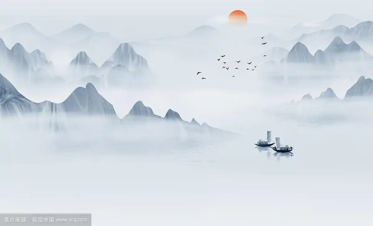 手绘蓝色意境淡雅中式山水画