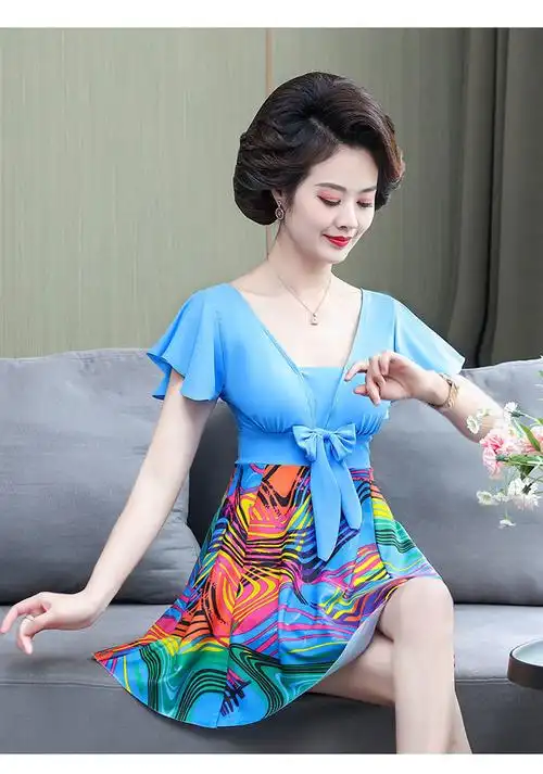 歌维芙2022年新款中年泳衣女保守连体裙式遮肚显瘦泡温泉中老年人妈妈