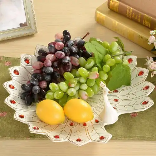 高档奢华陶瓷水果盘 欧式复古家居饰孔雀大号摆件 结婚乔迁礼物