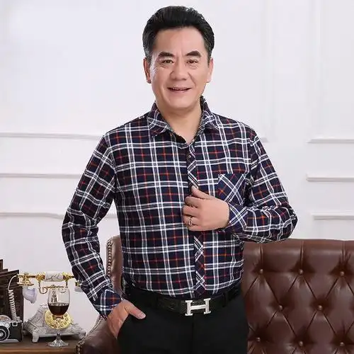 2019新款休闲舒适爸爸衬衫男长袖中年男士格子衬衫男中老年长袖衬衣男