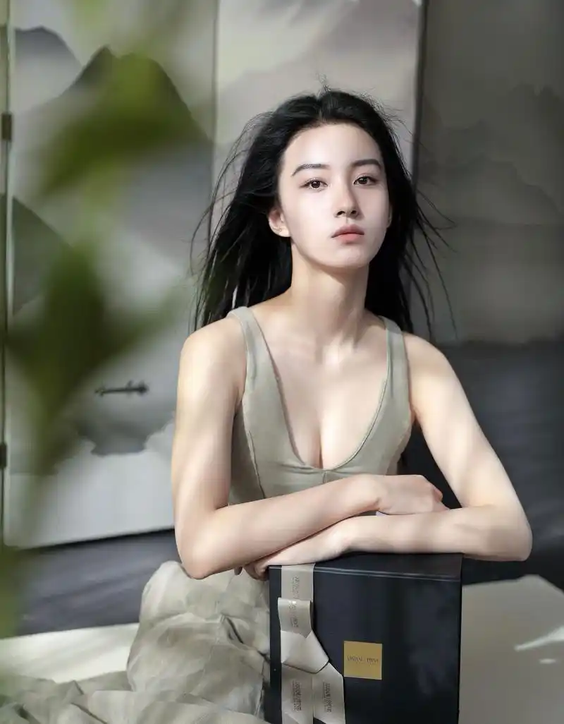 王梓莼绿色吊带连衣裙优雅写真