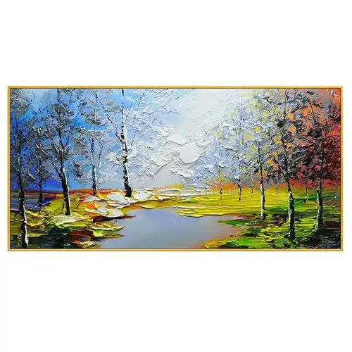 手绘油画立体湖光山色客厅横幅沙发背景墙装饰画抽象油画