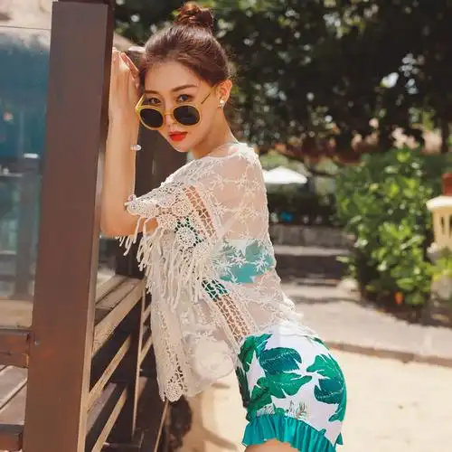 泰国清新树叶印花性感钢托小胸聚拢分体高腰比基尼三件套游泳衣女