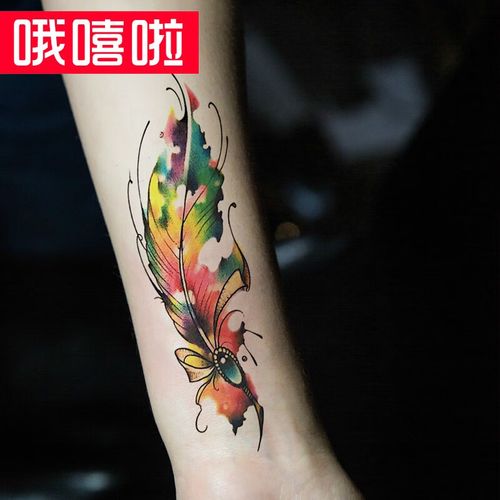 哦嘻啦彩色宝石羽翎羽毛纹身贴剖腹产遮疤腰部腹部性感女士防水刺青