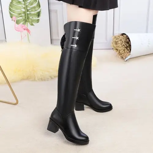 女人冬天穿的靴子厚底女真皮高跟长筒靴粗跟棉靴子女靴冬靴中跟长靴