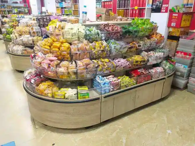 超市木质四层散装零食货架饼干糖果休闲食品圆形超市货架