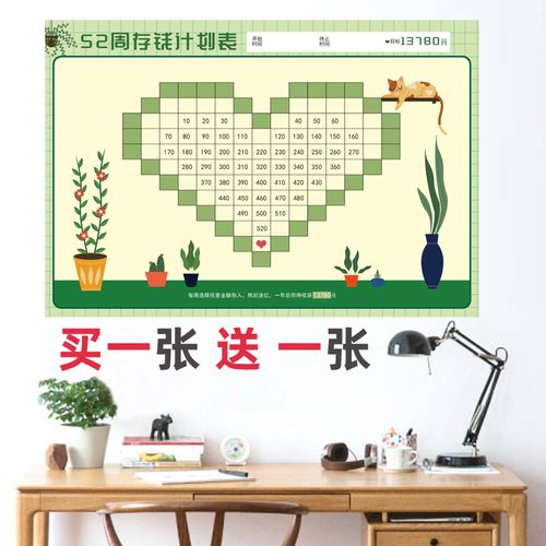 52周存钱计划表每周攒钱计划表365天存钱计划表心形网红墙贴目标