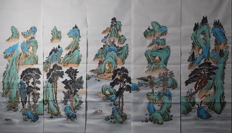 福禄寿喜财五条屏_山水_国画_装饰作品_园圆堂