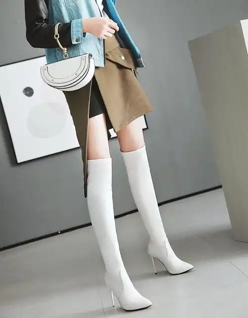 美鞋弹力靴细跟高跟女鞋过膝长靴白色靴子大码靴子小码女靴 lqw