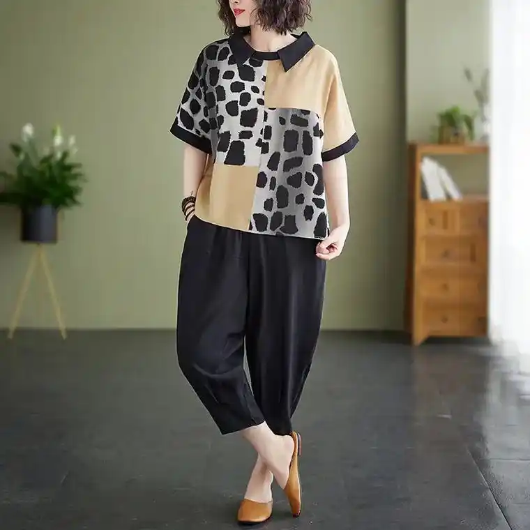 棉麻亚麻套装女中年妈妈夏装时尚洋气大码夏.