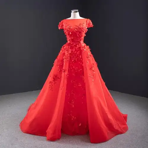 瑞思美婚纱2020新款新娘结婚敬酒服短袖拆卸拖尾礼服独唱蓬蓬裙