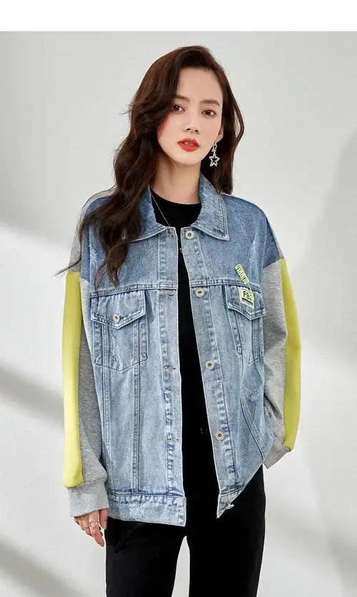 春韩版长袖牛仔拼接外套翻领女士宽松水洗牛仔上衣 牛仔蓝 m