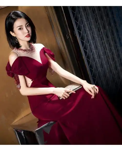 罗蒙(romon)鱼尾敬酒服新娘2022新款长款宴会酒红色主持人订婚晚礼服