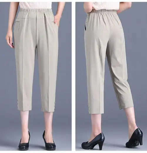 妈妈裤子夏季薄款中老年冰丝女裤休闲裤中年妇女七分裤女夏八分裤黑色