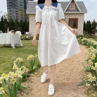 领连衣裙少女生夏装2022初中高中学生甜美日系白色长裙子白色s6595斤