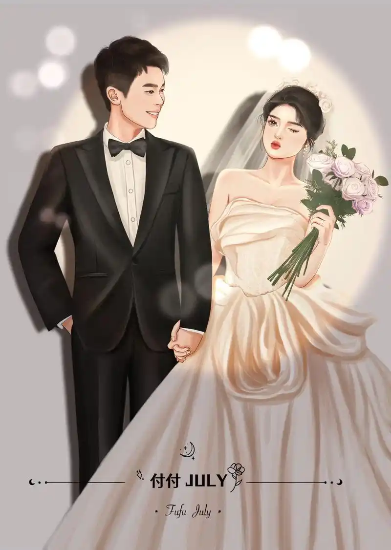 水彩复古婚纱照手绘插画客单分享