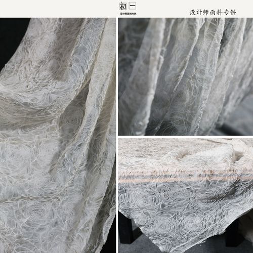 白色立体肌理玫瑰/皱纱 柔软垂顺透视褶皱礼服婚纱时装设计师布料