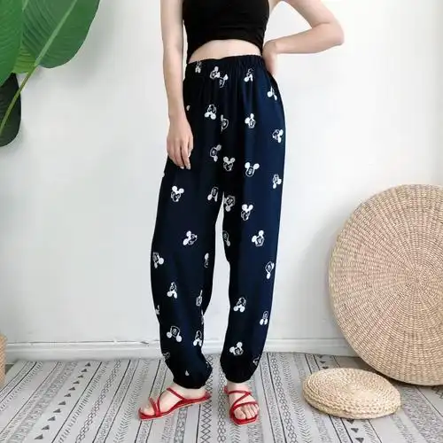 夏季新款绵绸印花灯笼裤人造棉薄款收脚口长裤休闲简约防蚊裤