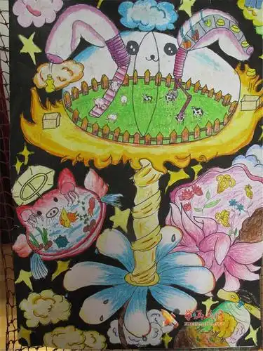 六年级小学生获奖科幻画《空中牧场》