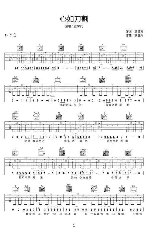 心如刀割吉他谱 张学友 当你渐行渐远,这世上便又多了一个伤心人1