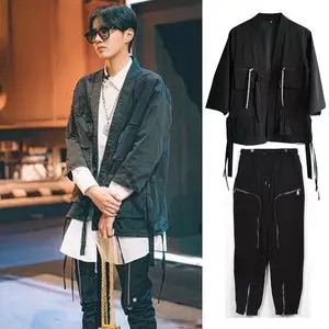 现货中国新说唱吴亦凡同款宽松七分袖中国风道袍开衫风衣夹克9069