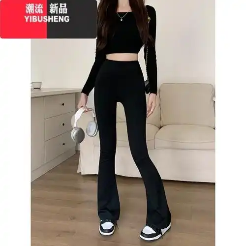 高腰紧身显瘦休闲裤女装秋装新款灰色弹力直筒裤微喇叭裤裤子长裤