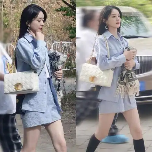 拜托了冰箱赵丽颖同款蓝色皱褶衬衫薄外套宽松阔腿短裤套装两件套