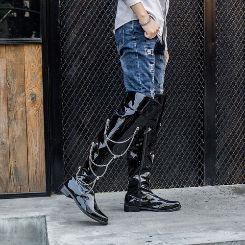 新款舞台演出过膝高筒男靴 钢管舞皮靴牛仔靴 英伦漆皮潮流时尚靴