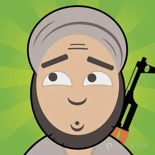 卡通像恐怖分子无辜的, 困惑的脸和步枪在他的背部