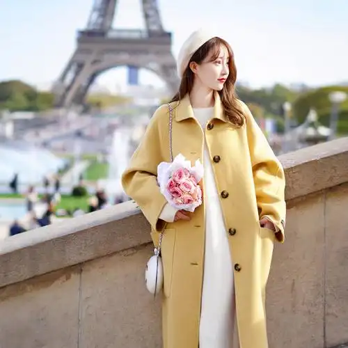 2019秋冬季新款鹅黄色呢子双面羊绒羊毛呢外套大衣女中长款加厚