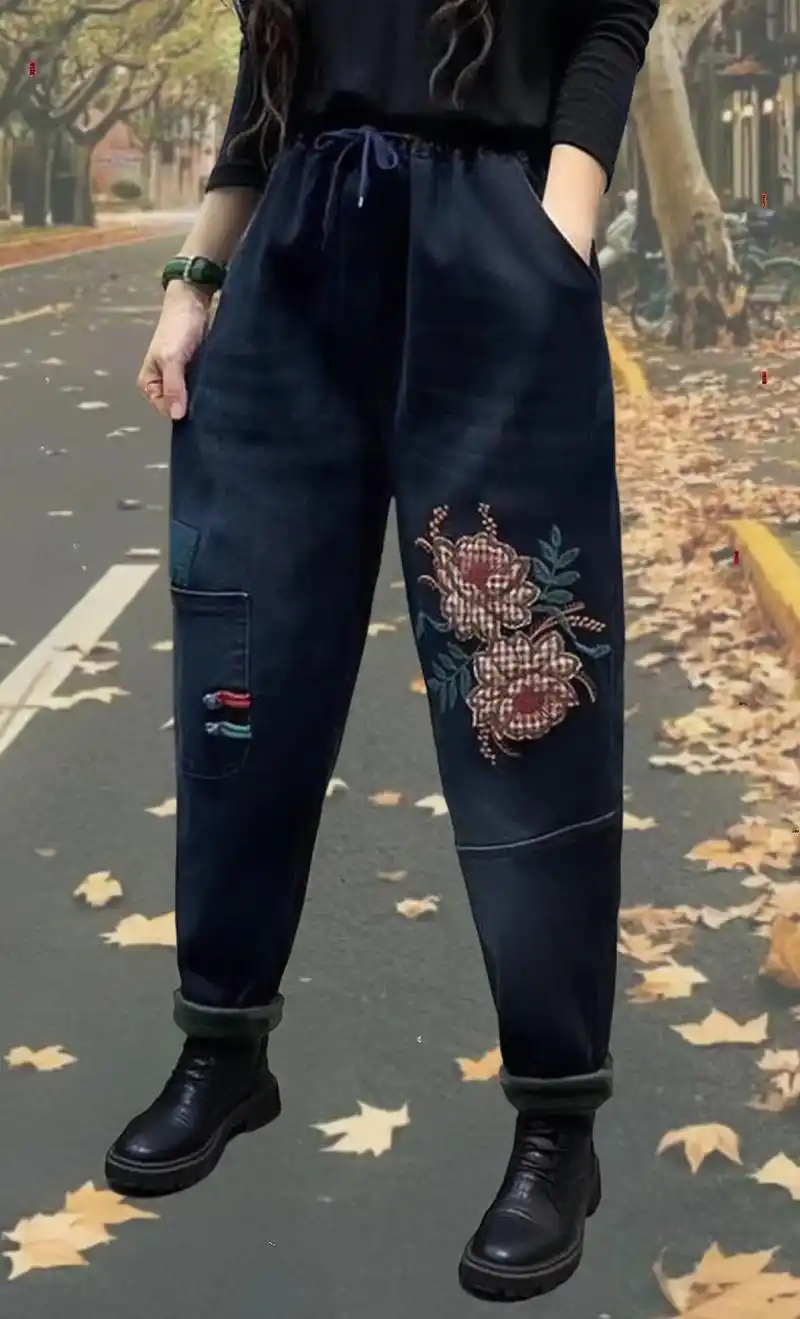 刺绣图案设计autumnquotes加绒加厚保暖高雅大气有品位高腰松紧牛仔裤