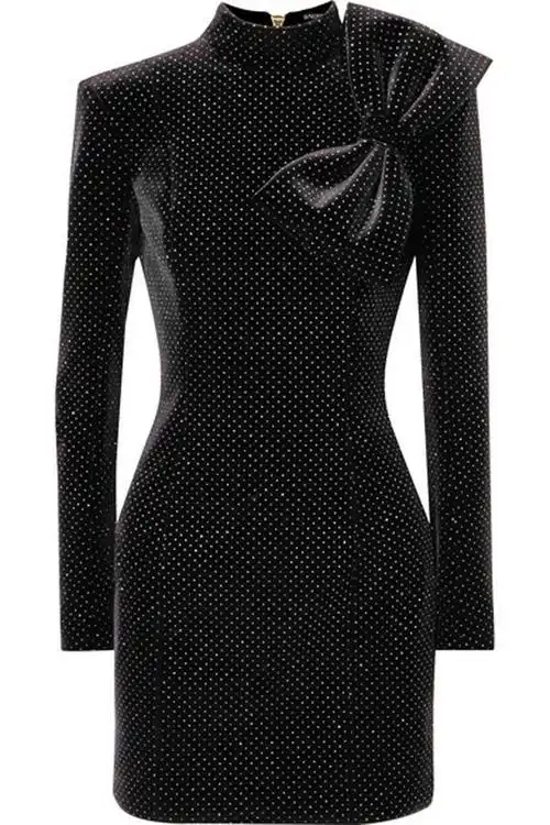 古力娜扎姐姐婚礼同款黑色修身礼服波点印花连衣裙