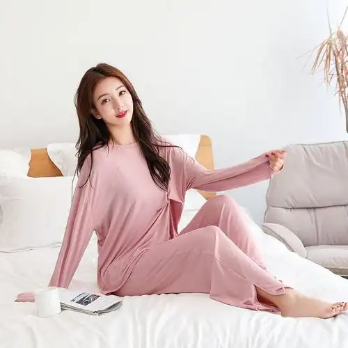 春秋款女士睡衣 扭花睡衣阔腿裤家居服套装 莫代尔棉宽松大码