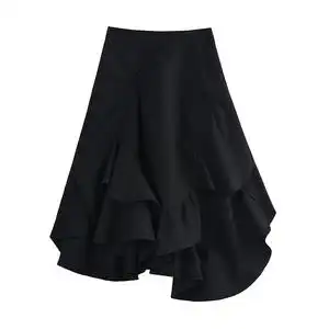 designer plus 不规则波浪下摆黑色半身裙女夏高腰设计感小众裙子