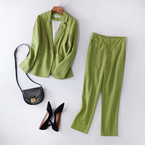 小西服套装亚麻西装女时尚休闲职业上衣九分裤女薄款百搭春夏 绿色