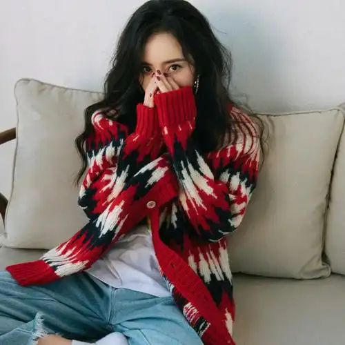 杨幂同款红色条纹开衫毛衣女外套慵懒风韩版宽松针织衫上衣秋冬