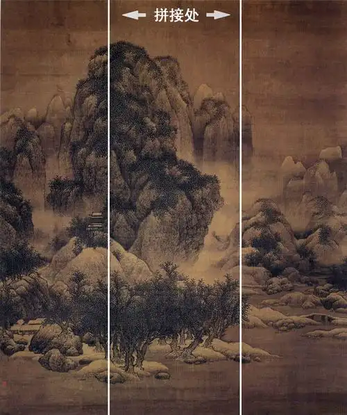 即使落款也会藏在画作不起眼的地方,比如这幅《雪景寒林图》的落款便