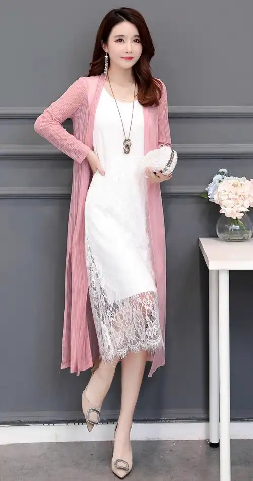 薄纱外搭外披女薄外套夏季网纱长袖过膝下摆开叉沙滩海边披肩白色3xl