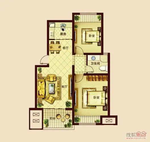 中央华府a 两室两厅一卫83㎡