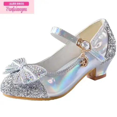 七斓女童高跟鞋公主舞台演出皮鞋银色儿童礼服鞋小女孩模特走秀水晶鞋
