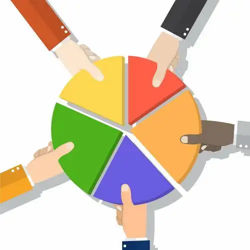 5个手拿着饼形图的一部分拼图成一个完整的圆象征了团结png图片免抠