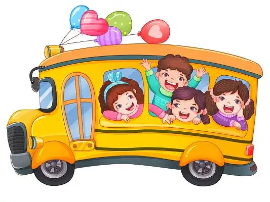 开学季校车接送学生上学放学路上卡通人物元素插画